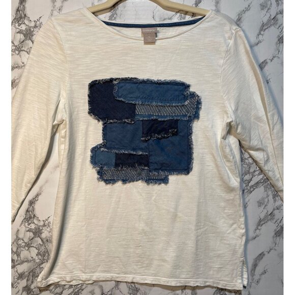 Chico's Women's 3/4th  Long-Sleeve White Top With Frayed Denim Patchwork Design - Picture 1 of 11